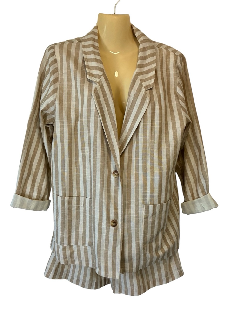 Very J Stripe Jacket Blazer Shorts Lined Suit Cottagecore Chic Beige White Large